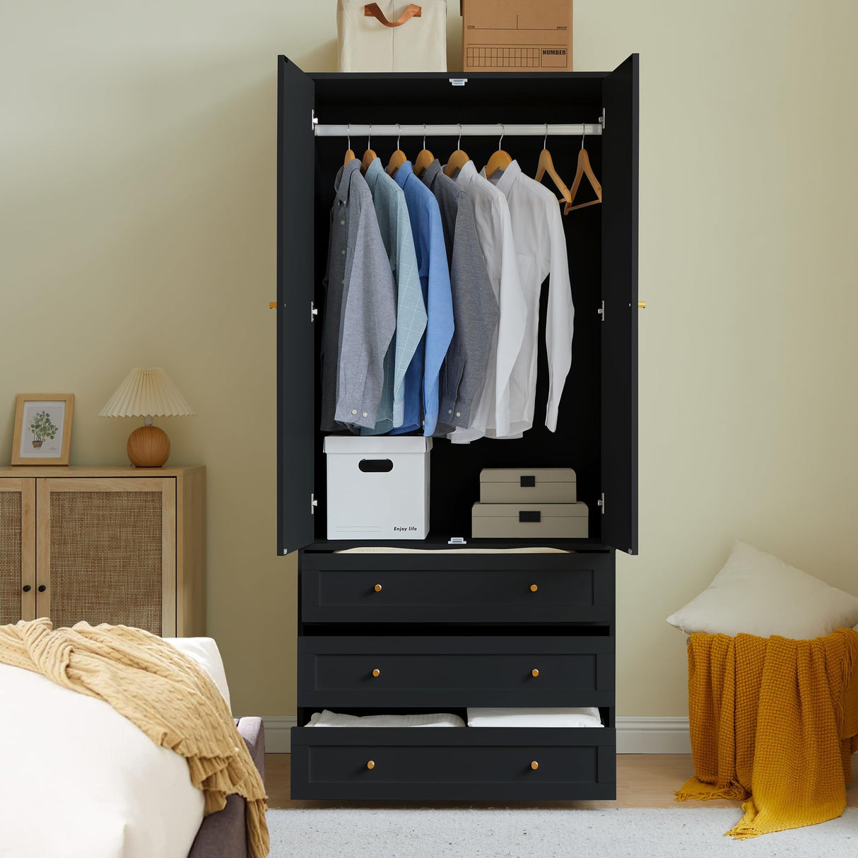 PHOYAL Wardrobe Closet Armoire, 71 "Wardrobe Armoire Wooden Closet with 4 Doors, 6 Drawers Household Freestanding Wooden Closet Storage Cabinet for Bedroom PHOYAL