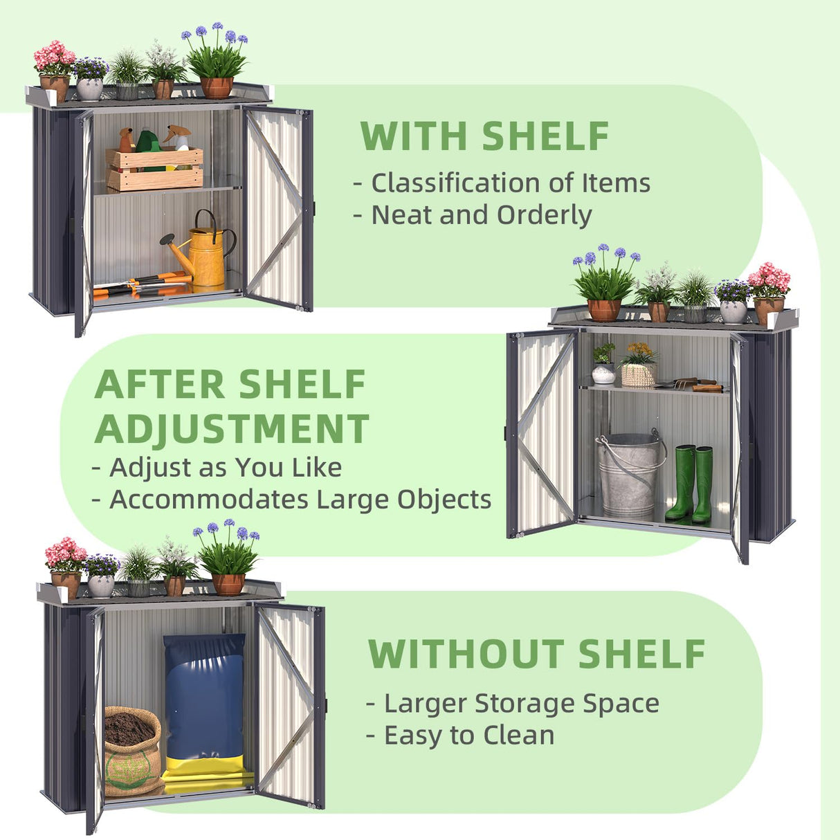 AECOJOY Outdoor Storage Cabinet Waterproof, Outside Metal Sheds & Outdoor Storage Garden Cabinet with Adjustable Shelves for Gardening Tools and Plants, Grey AECOJOY