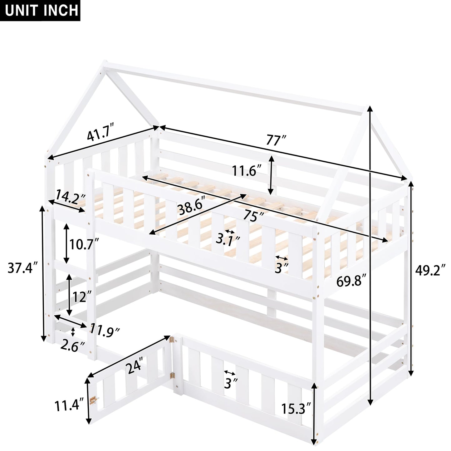 SOFTSEA Solid Wood Twin Over Twin House Bunk Bed with Guardrails and Playful Design - WoodArtSupply