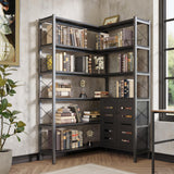 GLAUBIO 6 Tier Small Corner Bookshelf with Storage Cabinet,L Shaped Black Bookshelf with Doors,Industrial Corner Plant Stand,Corner Book Shelf,Small Bookcase for Living Room, Home Office GLAUBIO