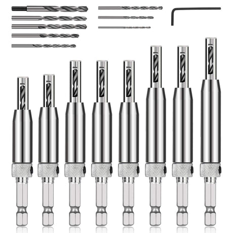 COMOWARE 17pcs VIX Bits Self Centering Drill Bit Set, 1/4" Hex Shank Self Centering Hinge Drill Bit Set for Woodworking Window Door Hinge, Quick Change with 1 Hex Key & 8 Drill Bits 5/64-1/4” COMOWARE