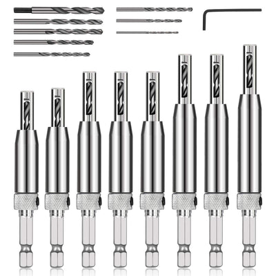 COMOWARE 17pcs VIX Bits Self Centering Drill Bit Set, 1/4" Hex Shank Self Centering Hinge Drill Bit Set for Woodworking Window Door Hinge, Quick Change with 1 Hex Key & 8 Drill Bits 5/64-1/4”