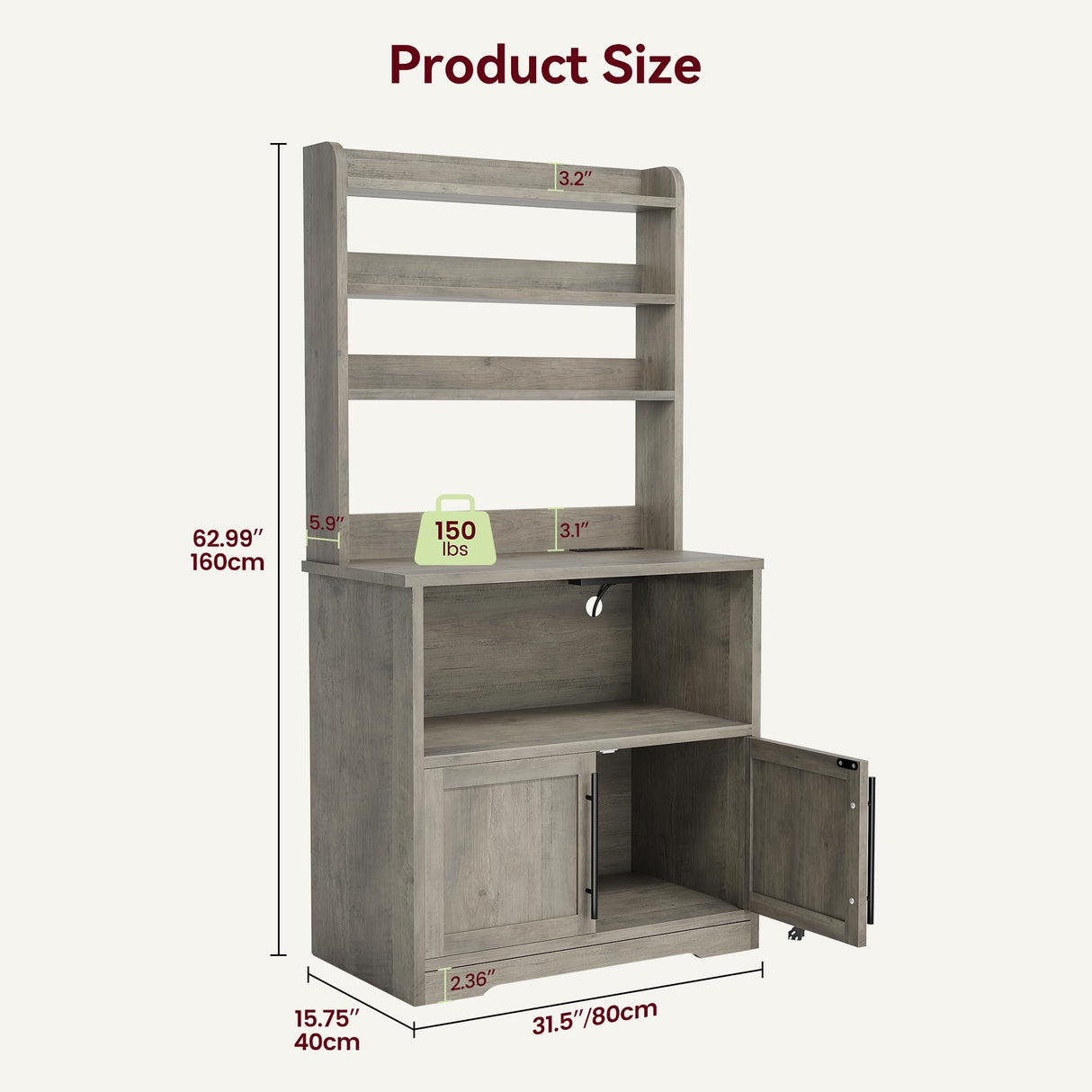 GarveeHome Microwave Stand Bakers Rack Cabinet, Farmhouse Bakers Rack with Power Outlet with Thickened Counter, Freestanding Small Kitchen Bakers Rack with Large Storage, Easy Assembly,Retro Gray GarveeHome