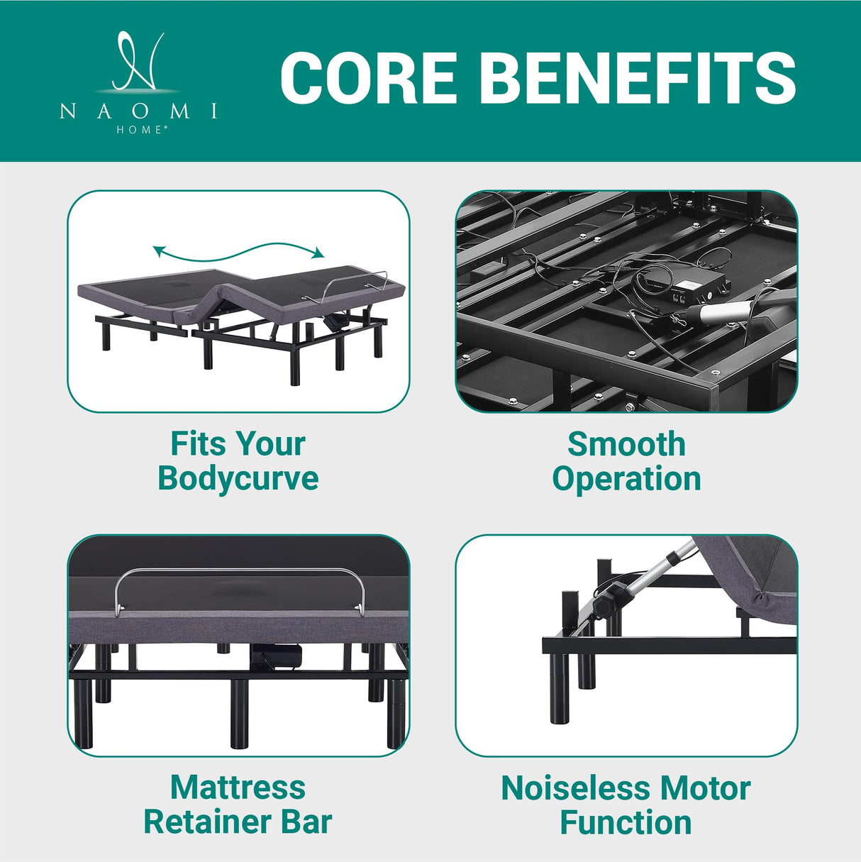 Naomi Home Idealbase Split King Adjustable Bed Base with Massage, USB Ports, Under-Bed Light, Wireless Remote, 800 Lb Capacity, Gray Metal Frame, Easy Setup for Couples’ Personalized Comfort Naomi Home