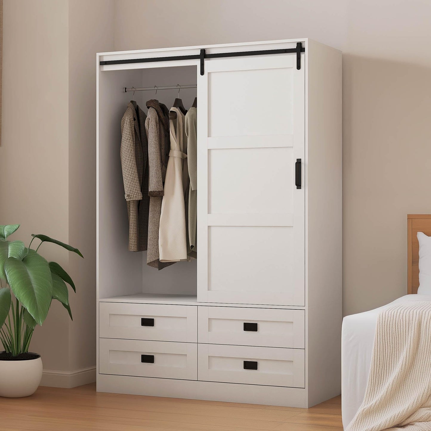 Wardrobe Closet with Doors, 71" Tall Bedroom Armoire, Wooden Closet with Doors and Drawer, Large Capacity Freestanding Wardrobe Closet with Hanging Rod and Shelves, Anti-Dumping Design, White