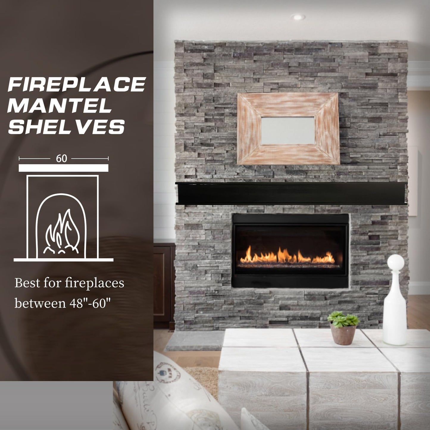 Tongmo 60 Inch Fireplace Mantel - Floating Mantel Wood Shelf - Hollow Distressed Beam and Fireplace Wall Mounted Display Shelving : Ideal for Décor and Electric Fireplaces (Dark Walnut, 60inch)