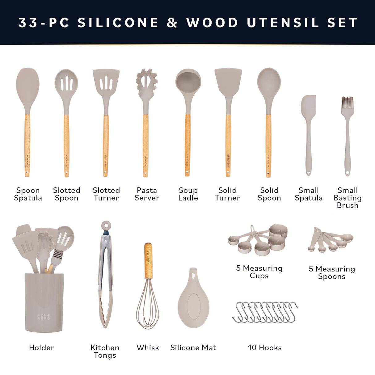Home Hero 33 Pcs Kitchen Cooking Utensils Set, Non-Stick Silicone Cooking Kitchen Utensils Spatula Set with Holder, Wooden Handle Silicone Kitchen Gadgets Utensil Set (33 Pcs - Khaki) Home Hero