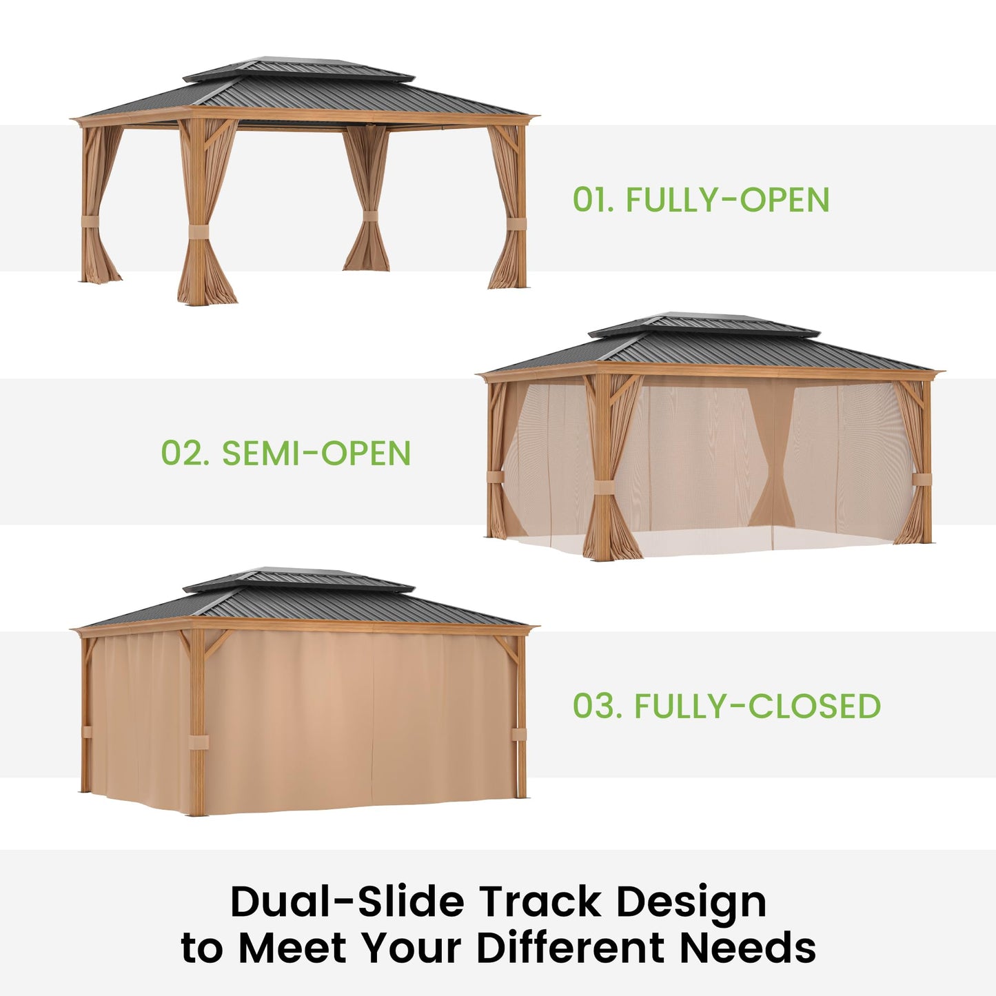 12' x 16' Patio Hardtop Gazebo Heavy Duty Aluminum Frame Metal Galvanized Steel Double Roof Outdoor Permanent Pergolas for Garden, Parties, Lawns, Deck (Woodgrain Grey) - WoodArtSupply