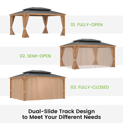 12' x 16' Patio Hardtop Gazebo Heavy Duty Aluminum Frame Metal Galvanized Steel Double Roof Outdoor Permanent Pergolas for Garden, Parties, Lawns, Deck (Woodgrain Grey) - WoodArtSupply