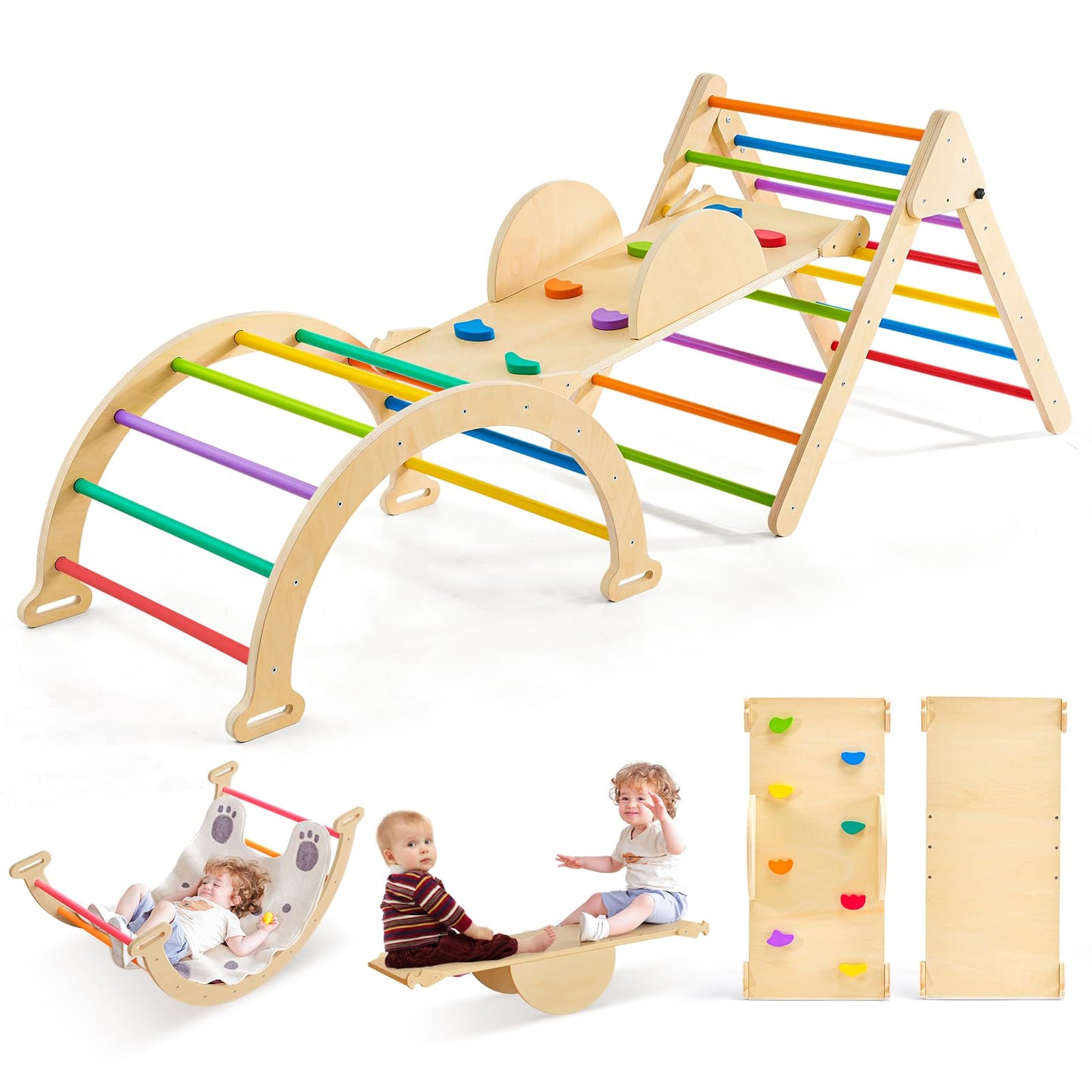 7-in-1 Pikler Triangle Set - Wooden Toddler Climbing Toys, Indoor Playground with Ramp for Sliding or Climbing, Jungle Gyms for Toddlers, Montessori Climbing Set-Medium