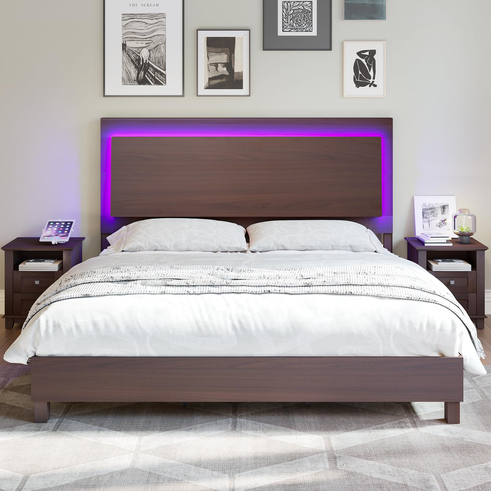 LUXOAK Mid-Century Queen Bed Frame with Floating LED Headboard in Cherry Wood - WoodArtSupply