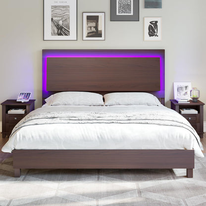 LUXOAK Mid-Century Queen Bed Frame with Floating LED Headboard in Cherry Wood - WoodArtSupply