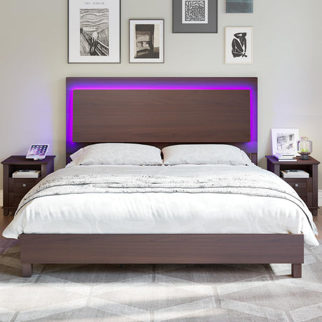 LUXOAK Mid-Century Modern King Size Wood Bed Frame with RGBW LED Light and Floating Headboard - Cherry LUXOAK