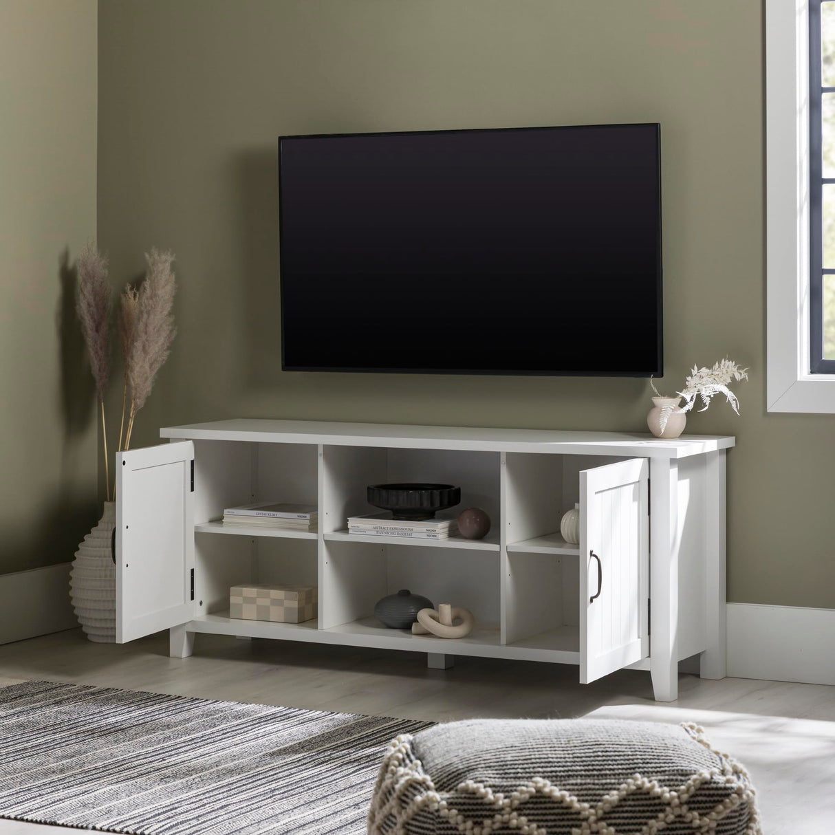 Walker Edison Buren Classic Grooved Door TV Stand for TVs up to 65 Inches, 58 Inch, Solid White Walker Edison