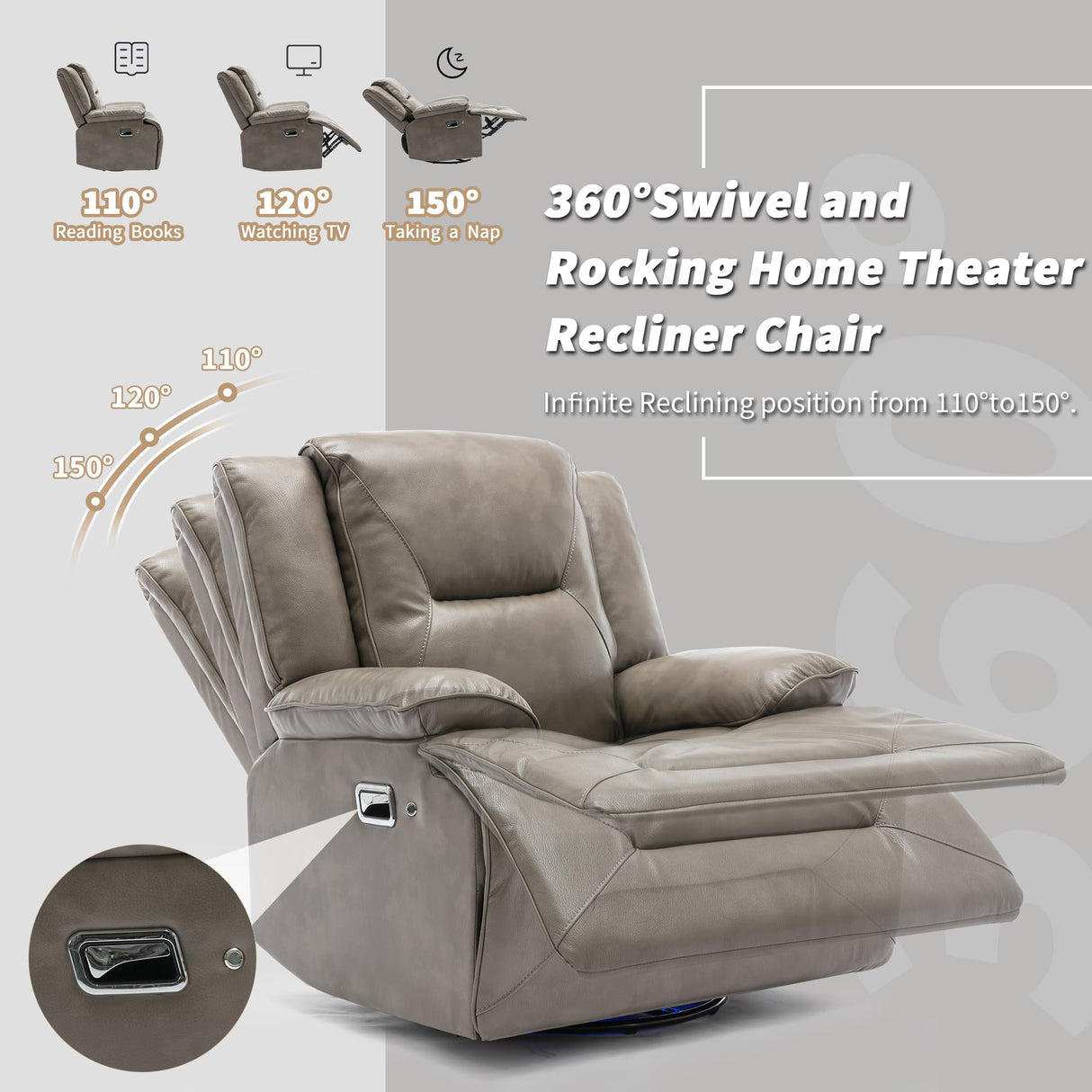 3 Seater Home Theater Recliner Manual Recliner Chair with a LED Light Strip Two Built-in Cup Holders for Living Room,Bedroom, Grey Merax