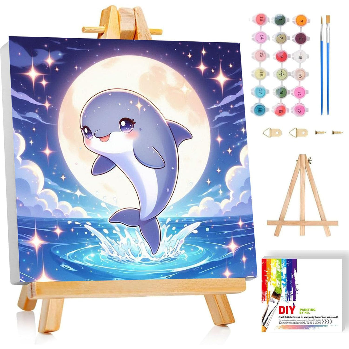 cviokrdu Dolphins Paint by Numbers Kit for Kids with Frame - Wooden Easel, Sea Animals Paint by Numbers for Kids Ages 4 8 12, Easy Acrylic Oil Painting Kits for Home Wall Decoration 8x8 inch cviokrdu