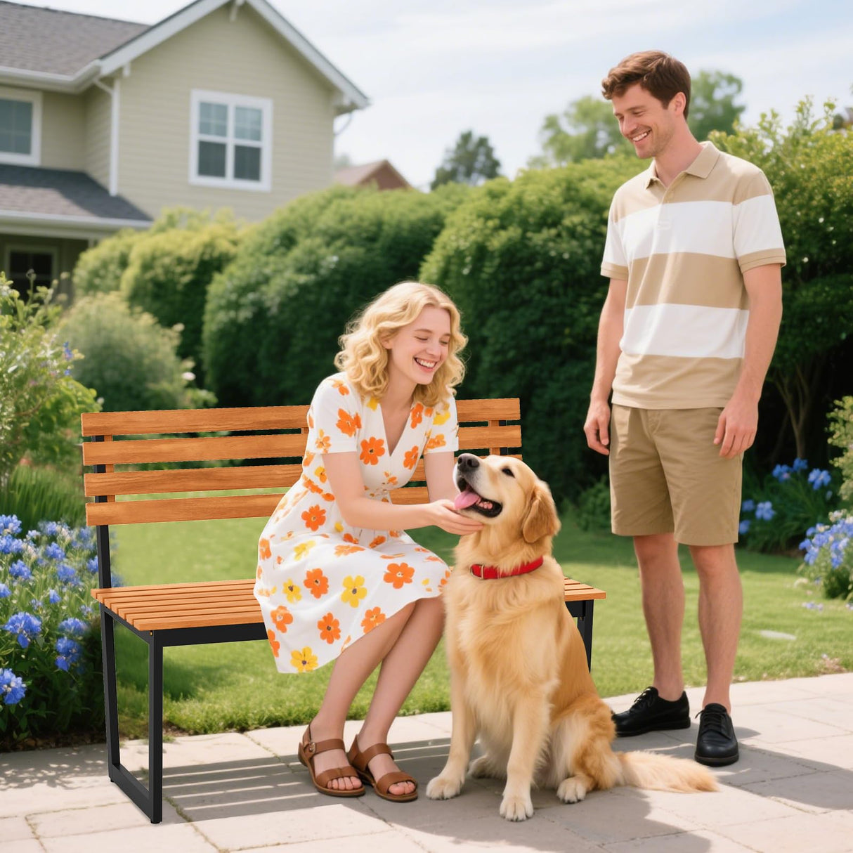 Giantex Outdoor Bench, 43"×22"×33" Acacia Wood Patio Loveseat with Backrest, Heavy Duty Metal Frame, 800 lbs Weight Capacity, 2-Person Garden Bench for Lawn, Porch, Yard and Park Giantex