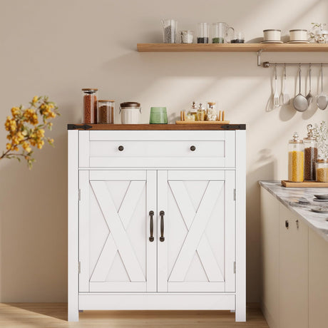 GRUSIGN 30" Coffee Bar Station, Kitchen Sideboard Buffet Cabinet with a Drawer and Adjustable Shelf, Modern Farmhouse Storage Cabinet for Kitchen, Living Room, Entryway, White GRUSIGN