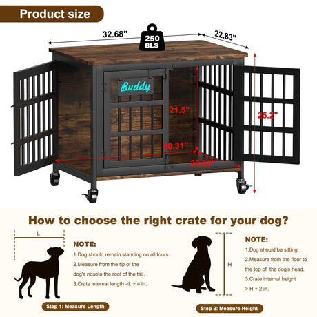 EasyCom 33"/27" Dog Crate Furniture with Name Tag, Heavy Duty Dog Kennel Indoor for Medium and Small Dogs, Double-Doors Sturdy Metal Dog Cage, Decorate House as TV Stand, End Table, Bedside Table EasyCom