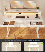 OffiGo Electric Standing Desk with Drawers, 55 Inch Height Adjustable Desk with Power Outlets & LED Lights, Sit Stand Table with Monitor Stand for Home, Office, Workstation, White OffiGo