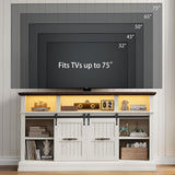 Farmhouse TV Stand for 75 Inch TV, 32" Tall Entertainment Center with LED Light, Sliding Barn Doors TV Stand Rustic Media Console with Storage Cabinets and Adjustable Shelves for Living Room, White PinkMuse