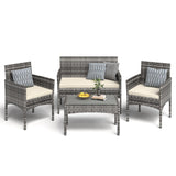 BUPPLEE 4 Pieces Patio Furniture Set, Outdoor Wicker Rattan Patio Conversation Furniture Set with Waterproof Cushion and Table for Lawn Poolside Backyard Garden Balcony Porch BUPPLEE