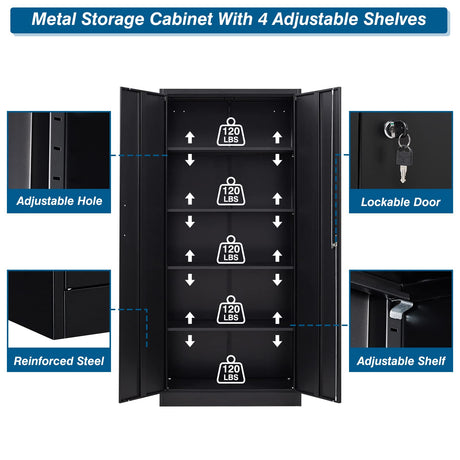 PEUKC Metal Garage Storage Cabinet, 71-inch Tall Storage Cabinet with Adjustable Shelves & Locking Doors, Tool Cabinets for Garage,Office,Home,School,Gym Storage (Black) PEUKC