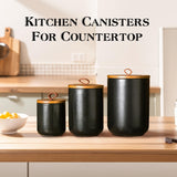 JOJUNO Black Ceramic Canister Set with Wooden Lid, 3-Piece Airtight Food Storage Jars for Kitchen Counter - Flour, Sugar, Coffee, Tea, Spice - Small, Medium, Large Sizes JOJUNO
