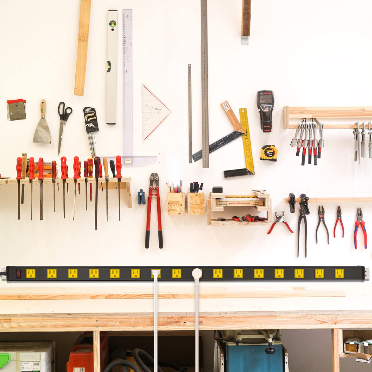 JUNNUJ Long Metal 16 Outlet Power Strip, Wide Spaced Garage Industrial Power Strip, Heavy Duty Power Strip with 6 FT Cord 15A, 125V, 1875W. Yellow JUNNUJ