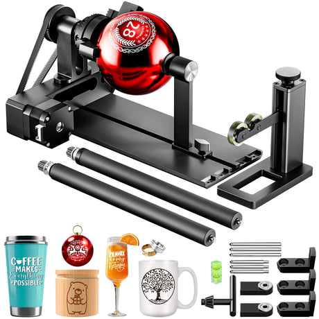 YOOPAI D1 4-in-1 Laser Rotary Roller, Suitable for Most Frame-Type Laser Engraving Machines, with 2 Types of Claws and Pins, Used to Engrave Cylindrical, Spherical, Ring-Shaped Objects YOOPAI