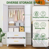 winiowa Metal Armoire Wardrobe Closet with 2 Drawers, 71" Wardrobe Cabinet with Adjustable Shelves and Hanging Rod, Clothing Storage Cabinet Closet with Mirror for Bedroom-White winiowa