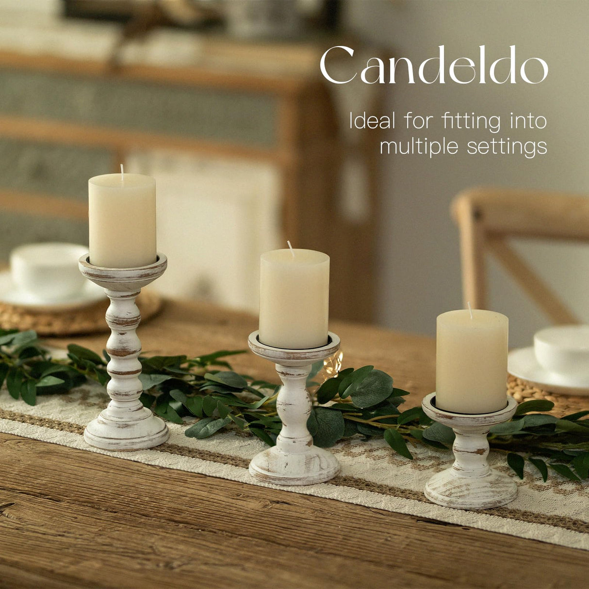 Candeldo Wood Candle Holders for Pillar: Rustic Candles Holder Set of 3 Tall Table Centerpiece Decor Wooden White Farmhouse Candle Stands for Fireplace Mantle Decorations Candeldo