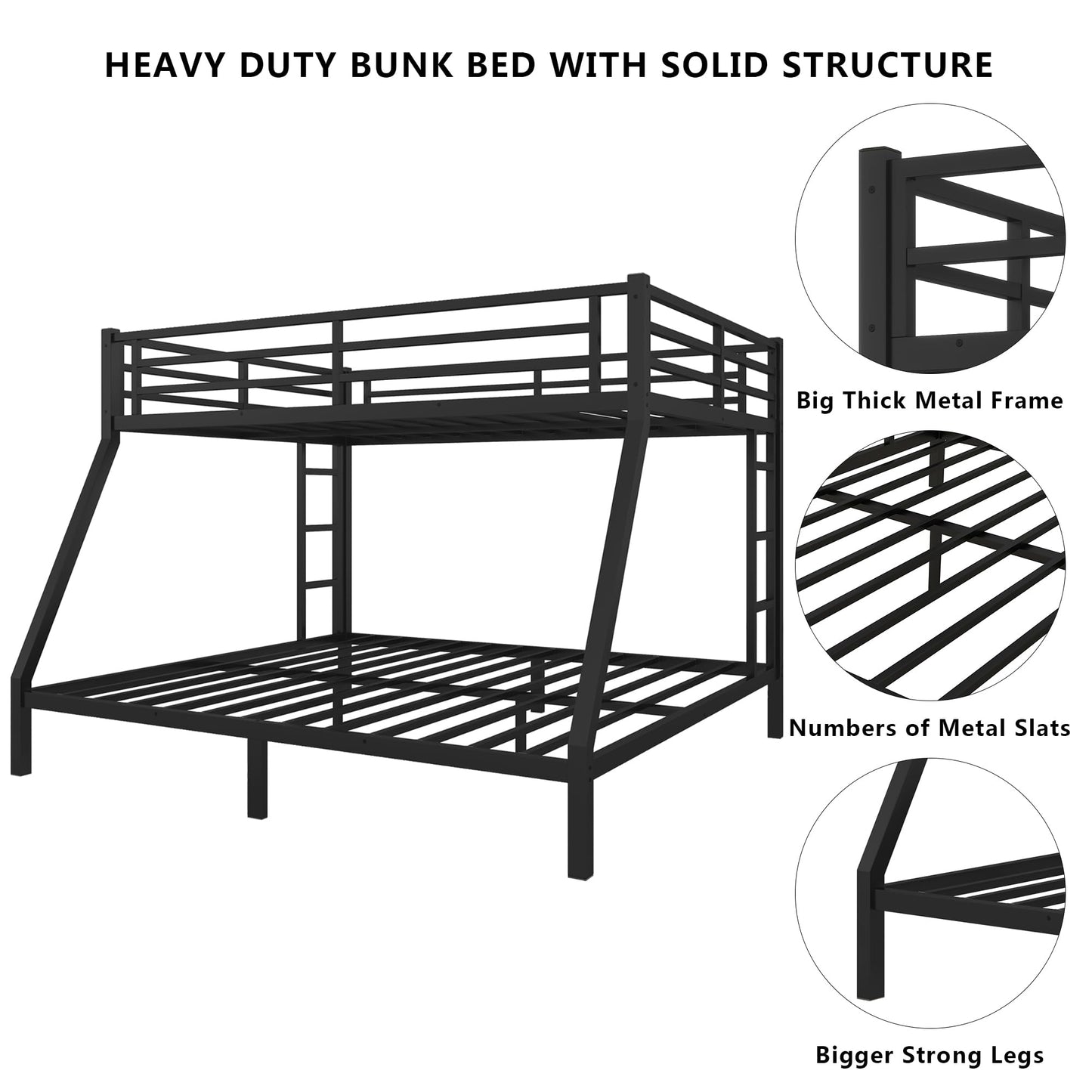 Setawix Metal Queen Over King Bunk Bed,Heavy Duty Queen and King Bunk Beds for Adults,Industrial Bunkbed with Ladders for Kids,Teens,Boys,Girls,Space Saving,Low Noice (Black, Queen Over King)