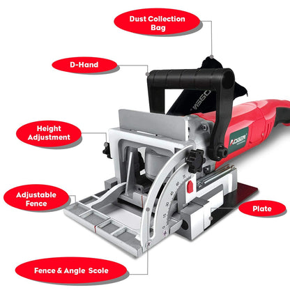 AOBEN Biscuit Cutter Plate Joiner 8.5 Amp With No. 0 Wood(30 Pcs) No. 10 Wood(30 Pcs) No. 20 Wood(50 Pcs), 4" Tungsten Carbide Tipped Blade, Adjustable Angle And Dust Bag - WoodArtSupply