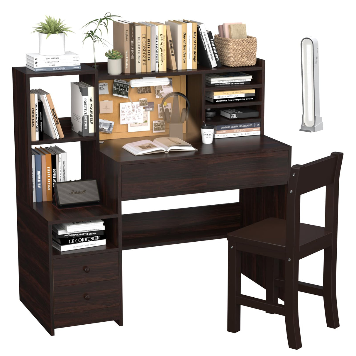 RUPOLX Espresso Kids Desk and Chair Set for 5-12 Year Old,Kids Study Desk with 3-Color Lights,Childrens Computer Desk with 4 Drawers, Kids Study Table with Storage Shelf-D-40 RUPOLX