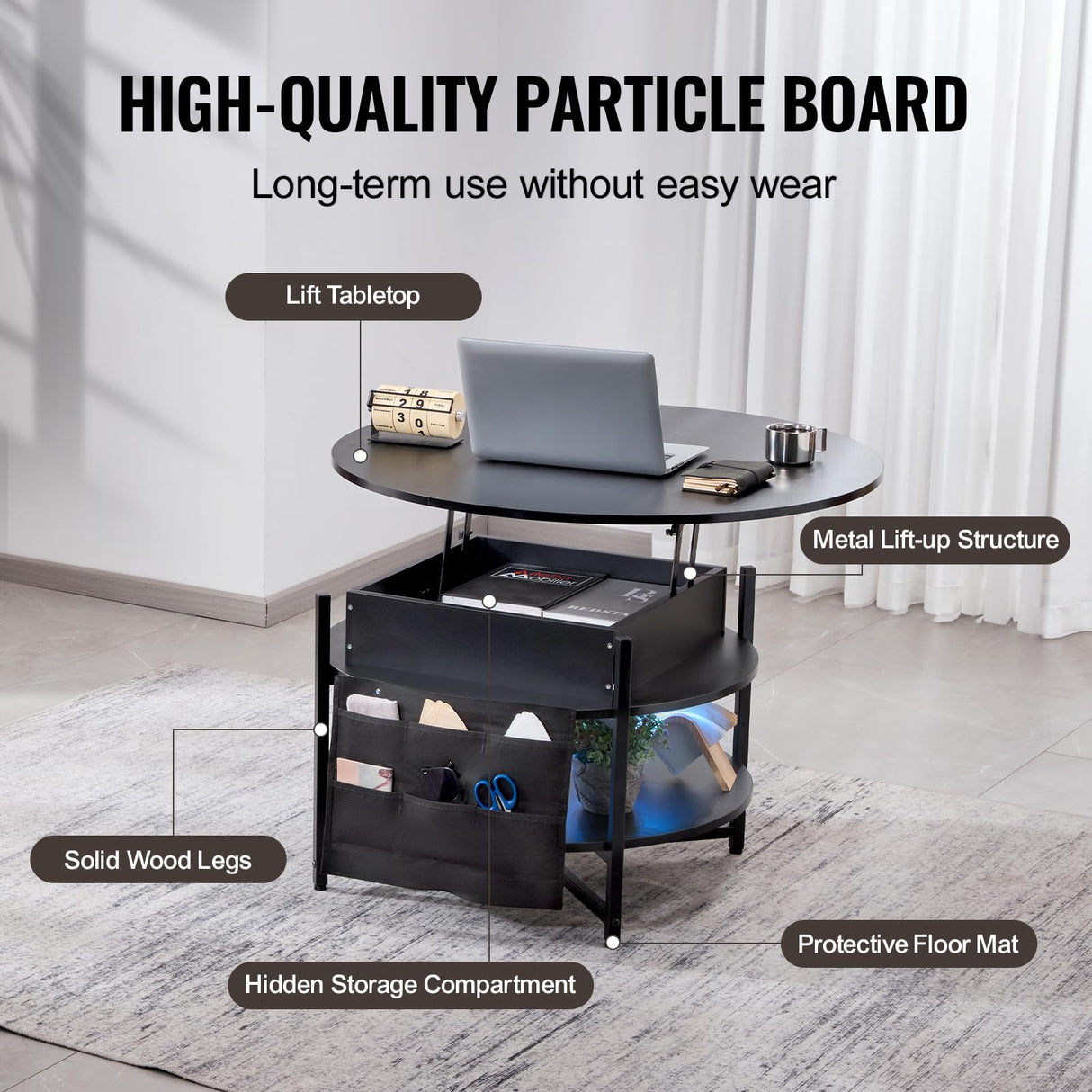 VEVOR Round Lift Top Coffee Table for Living Room, 35.3 in Round Coffee Table with Storage and Hidden Compartment, Circle Coffee Table with LED Light, Black VEVOR