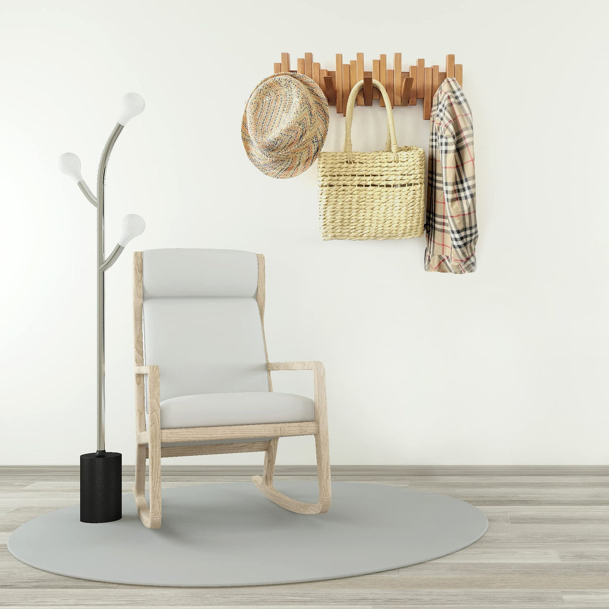 Acsigesn Wooden Coat Rack Wall Mounted Sticks Multi Rack Solid Handmade Natural Cherry Wood Artwork with 5 Flip-Down Unique Modern Hooks for Coats Bag Hat Umbrella Acsigesn