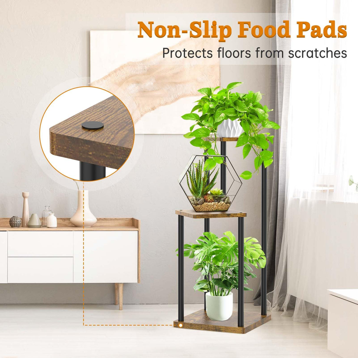 Oppro 3 Tier Plant Stands Indoor, Metal Wood Tiered Corner Plant Stand Pot Holder, Wood Flower Shelf Display Rack for Living Room Bedroom Outdoor Balcony Garden Patio, Black Oppro