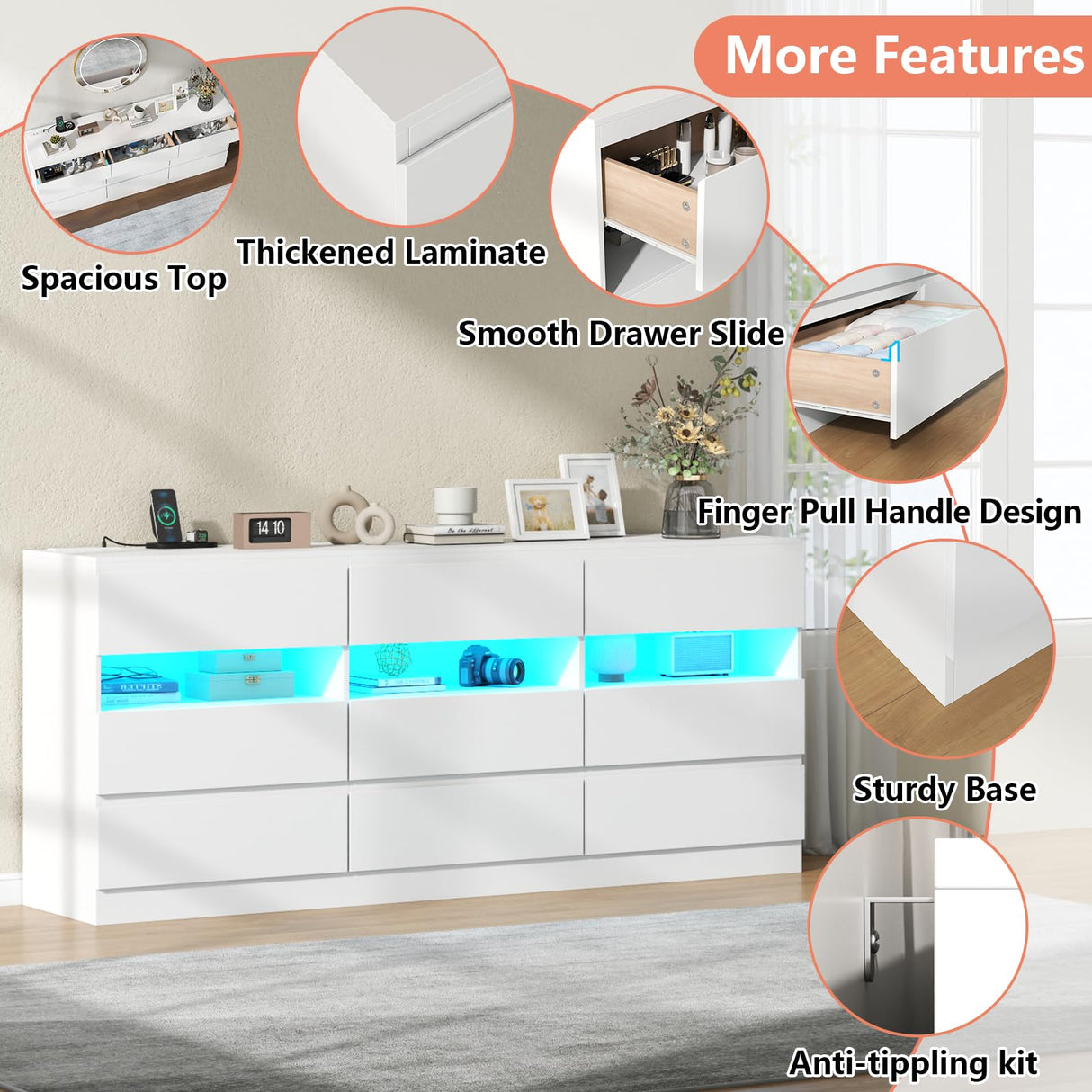 Loomie 9 Drawer Triple Dresser with Charging Station & Led Lights for Bedroom,Long 63" White Dresser TV Stand for TVs up to 75",Wide Large Drawer Dressers Organizer with 3 Open Cubbies for Hallway Loomie