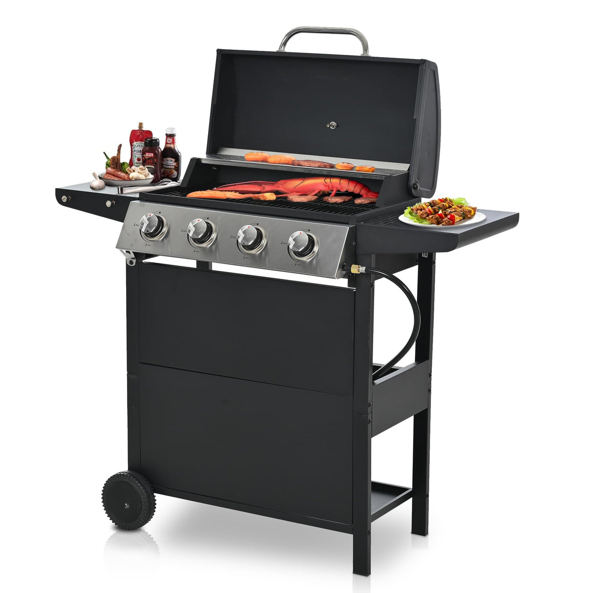 ARCLIS 4 Burner BBQ Gas Grill, Propane Grill with Side Shelves and Wheel Casters, 34,200 BTU Output Stainless Steel Outdoor Barbecue Cooking Grate for Kitchen and Patio Backyard ARCLIS