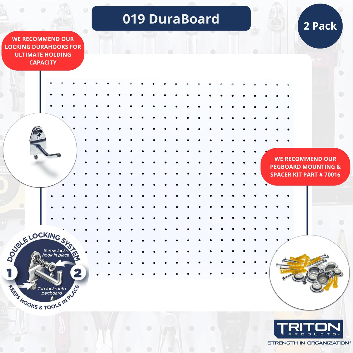 Triton Products Heavy Duty Poly Pegboards - Set of 2 DuraBoard Wall Panels, Each 22" x 18" x 1/4" with 1/4" Holes for Home, Office, Garage, Storage and Organization (White) Triton Products