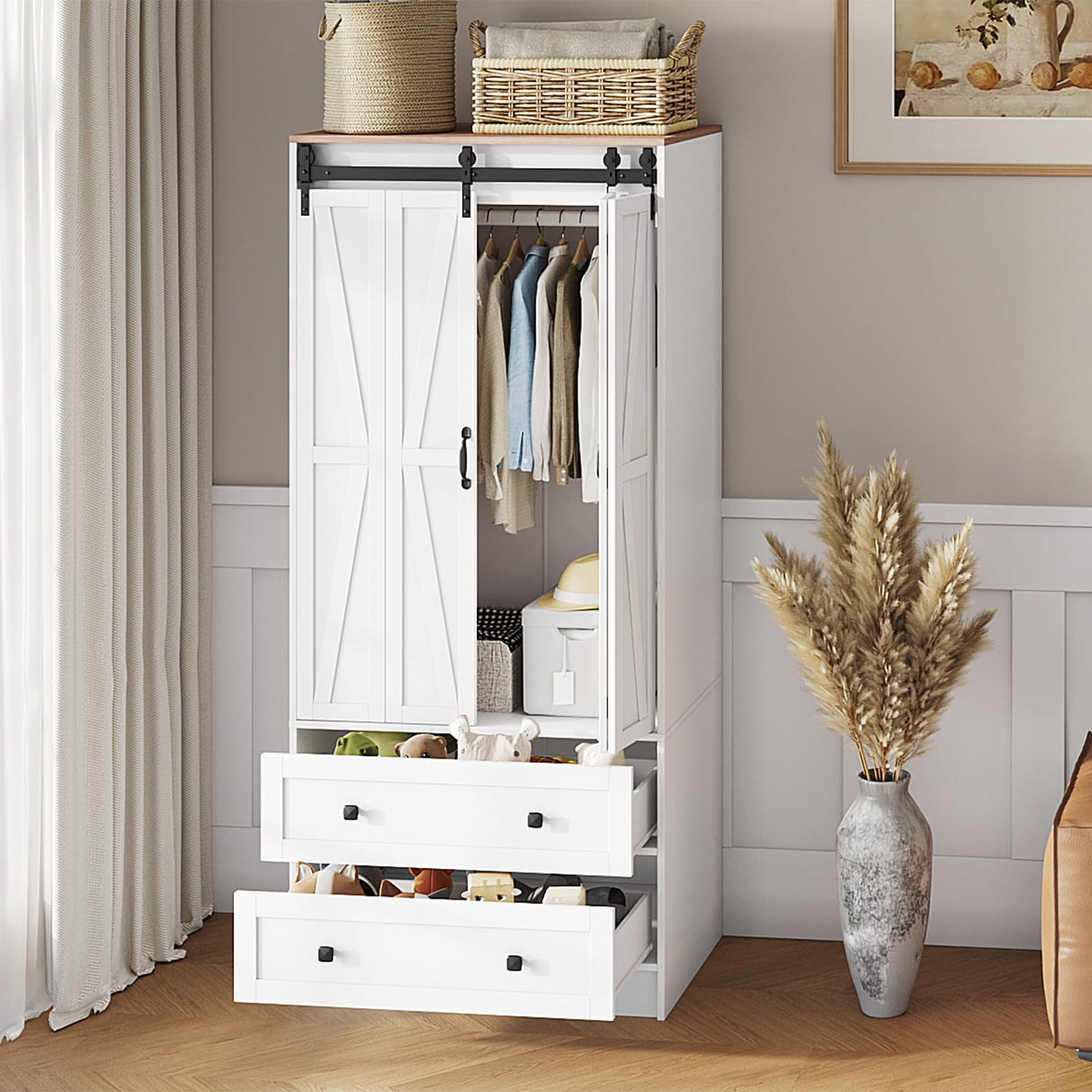 Maupvit Farmhouse Armoire with 2 Folding Sliding Barn Doors and Drawers 70.9" Tall Wooden Bedroom Wardrobe Closet with Spacious Storage Cabinet with Hanging Rod for Bedroom, White Maupvit