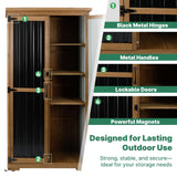 Ketive Outdoor Storage Cabinet Wood & Metal, Tall Tool Shed with Weatherproof, Double Lockable Doors, Removable 3 Shelves, Adjustable Feet for Patio, Garden, Backyard, Lawn, 32" x 15.5" x 66" (Brown) ketive