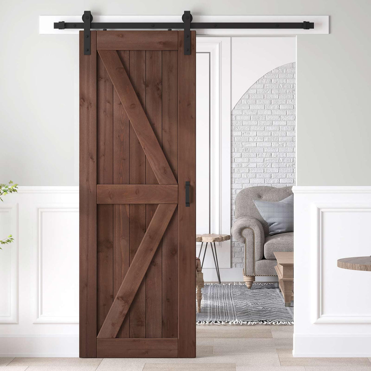 ROYMELO 30x84 inch Sliding Barn Wood Door Slab with 5ft Hardware Kit and Handle, Coffee, K Shape, Simple DIY Assembly ROYMELO