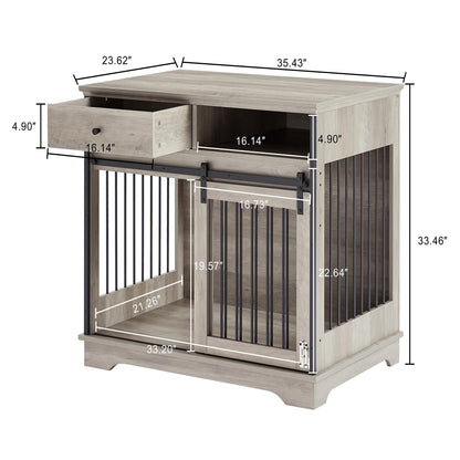 Furniture Style Large Dog Crate End Table with Drawer, Pet Kennels with Double Doors, Corner Dog Crate Furniture,Decorative Pet Crates Dog House Indoor for Dogs （Grey, 35inch）