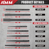 AMM 16PCS Punch and Chisel Set, including Taper Punch, Cold Chisels, Pin Punch and Center Punch, Cr-V for Working with Wood, Metal, Automotive AMM