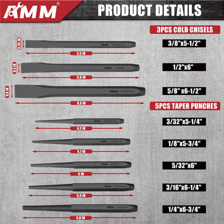 AMM 16PCS Punch and Chisel Set, including Taper Punch, Cold Chisels, Pin Punch and Center Punch, Cr-V for Working with Wood, Metal, Automotive AMM