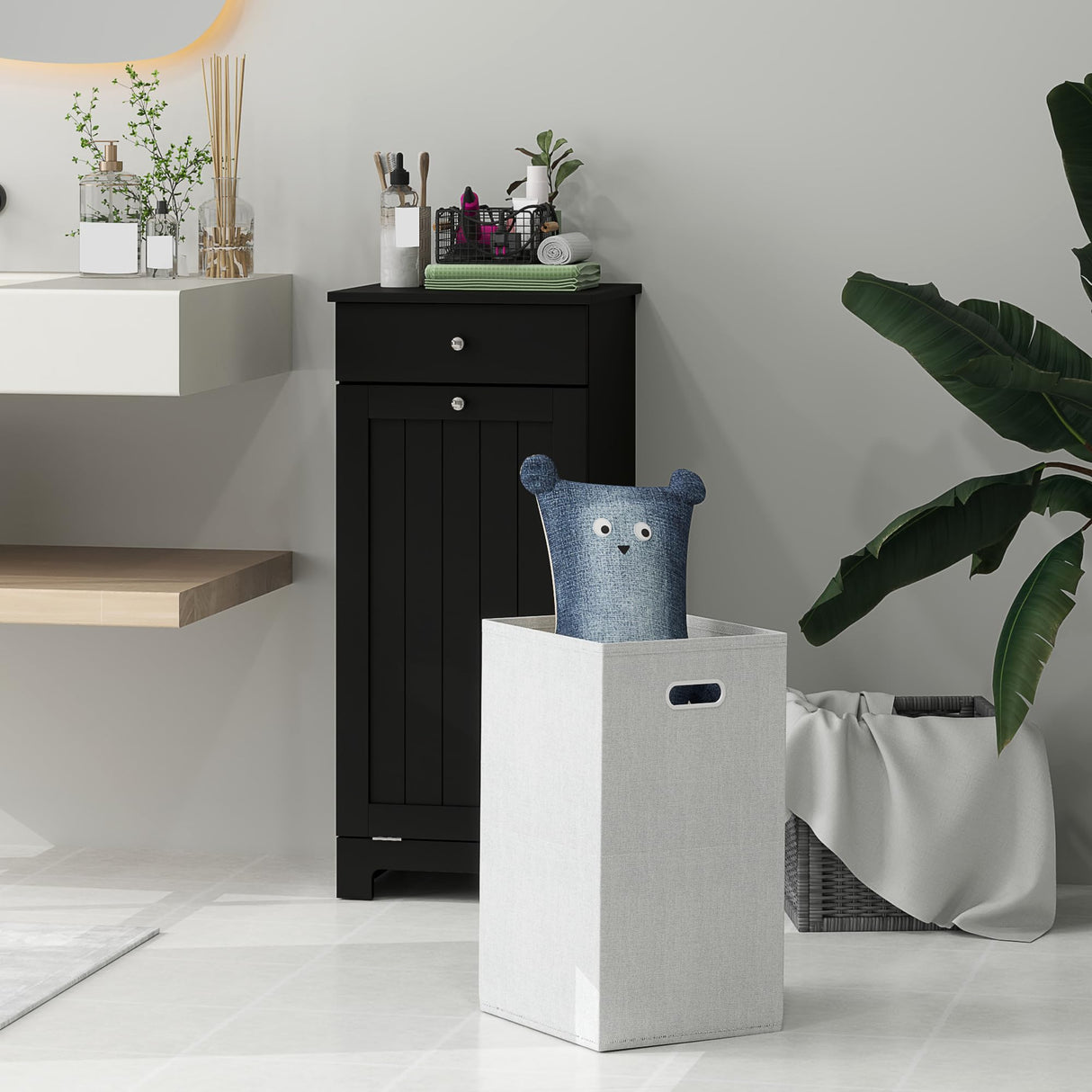 HOMCOM Laundry Hamper Cabinet with Removable Basket, Tilt Out Laundry Hamper Cabinet with Drawer and Beadboard Door, Laundry Cabinet Bathroom Storage Cabinet, Black HOMCOM