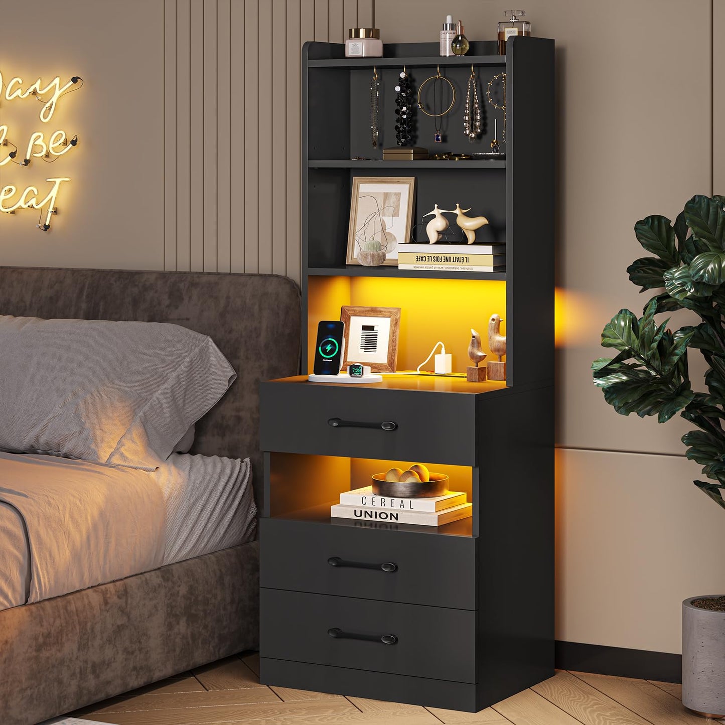 Tall Black Nightstand Set with LED Lights, Charging Station, and Bookshelf - Modern Storage Solution for Bedrooms - WoodArtSupply