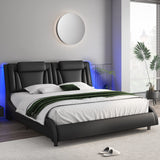 Keyluv Black Upholstered Queen Bed Frame with Adjustable LED Headboard and Wave Design Keyluv